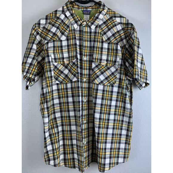 Men's Patagonia Sz XL Button Up Organic Cotton Common Threads Black Yellow Plaid - Picture 1 of 7